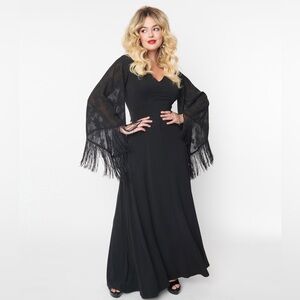 Smak Parlour 1970s Black Floral Fringe Sleeve Stevie Maxi Dress